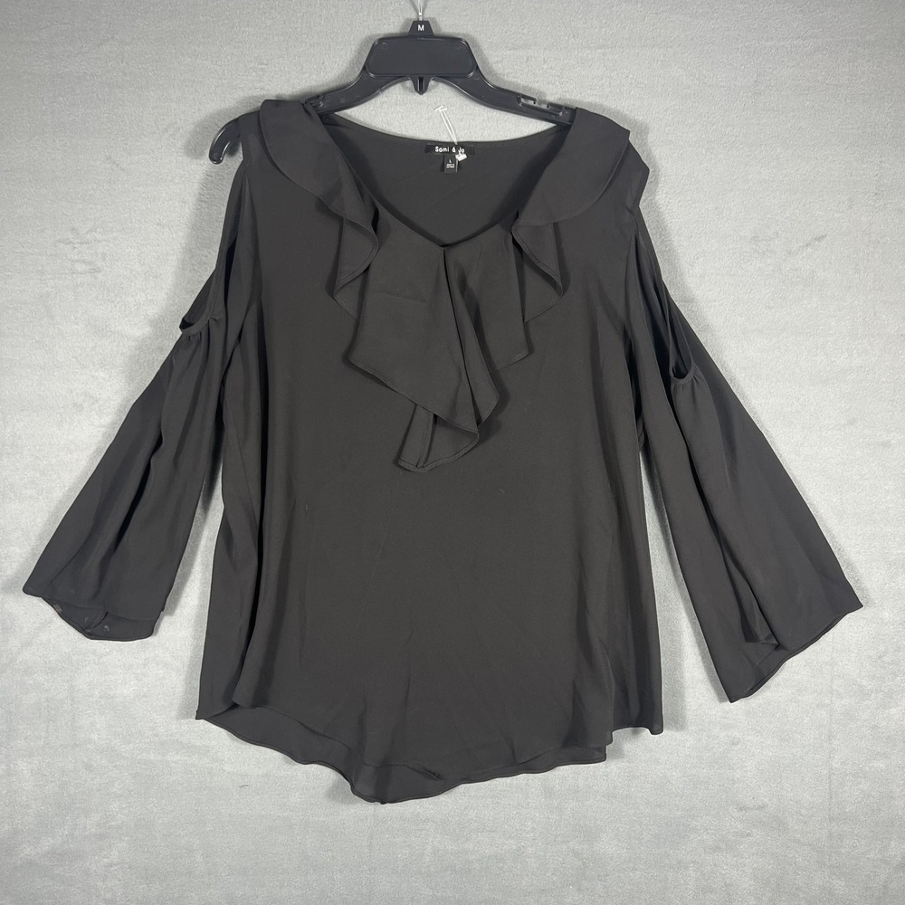 Sami & Jo Women's Black Cold Shoulder Ruffle Bell Sleeve Blouse Top Size L